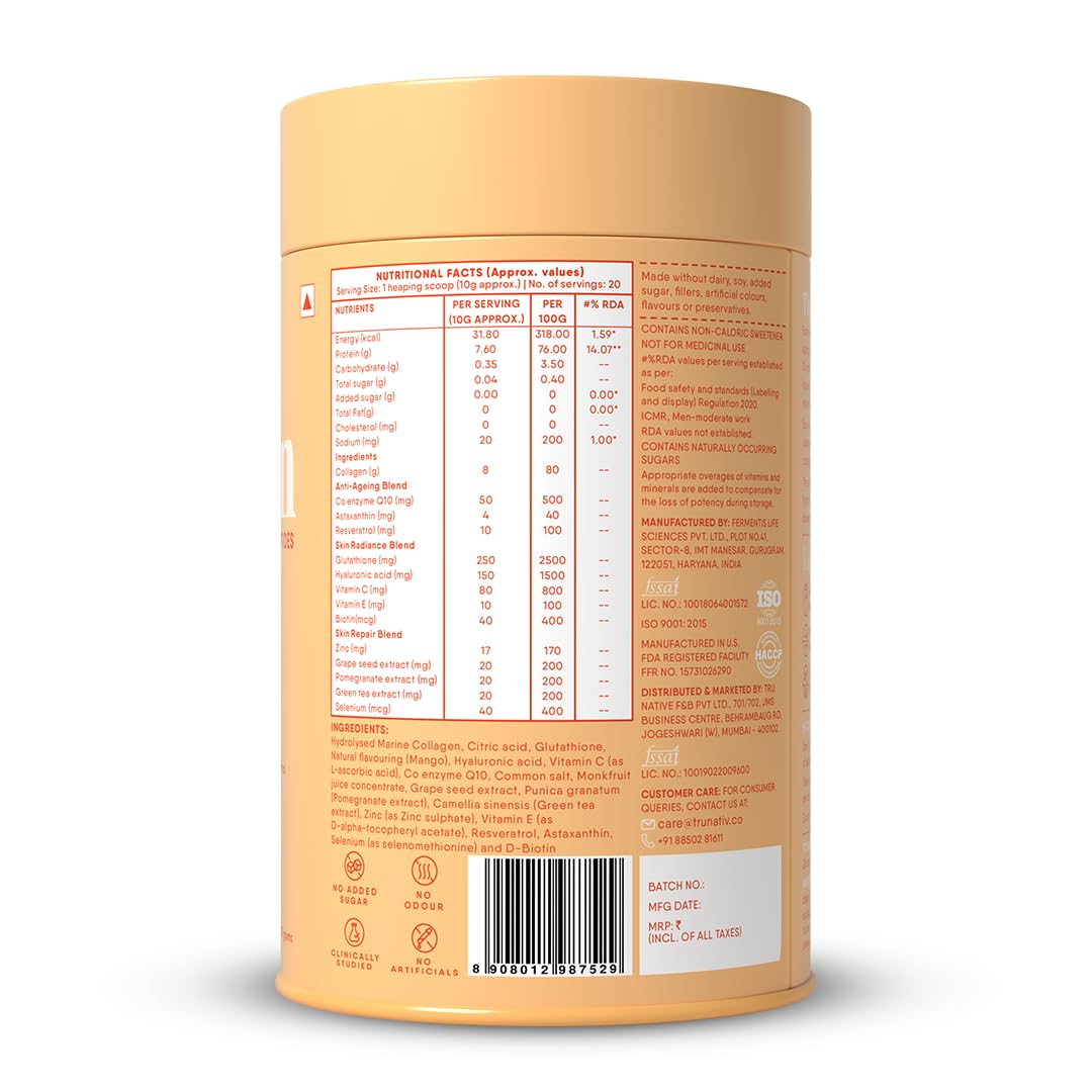 TruNativ Marine Collagen Powder, Japanese Source Type 1 and 3 Hydrolyzed Peptides with Hyaluronic Acid, Adult Nutritional Sup