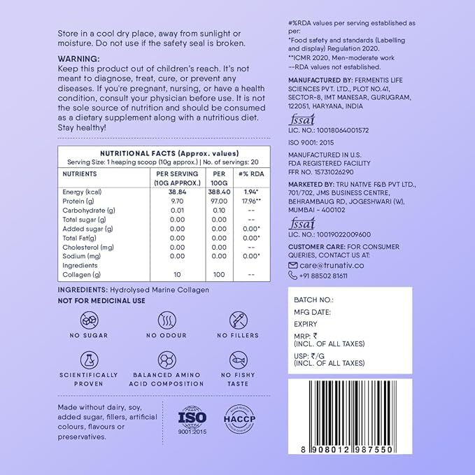 TruNativ Marine Collagen Powder, Japanese Source Type 1 and 3 Hydrolyzed Peptides with Hyaluronic Acid, Adult Nutritional Sup