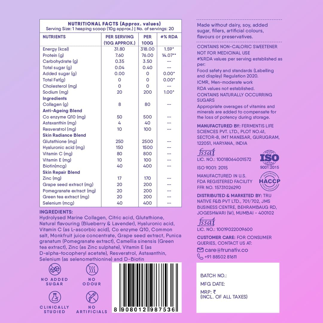 TruNativ Marine Collagen Powder, Japanese Source Type 1 and 3 Hydrolyzed Peptides with Hyaluronic Acid, Adult Nutritional Sup