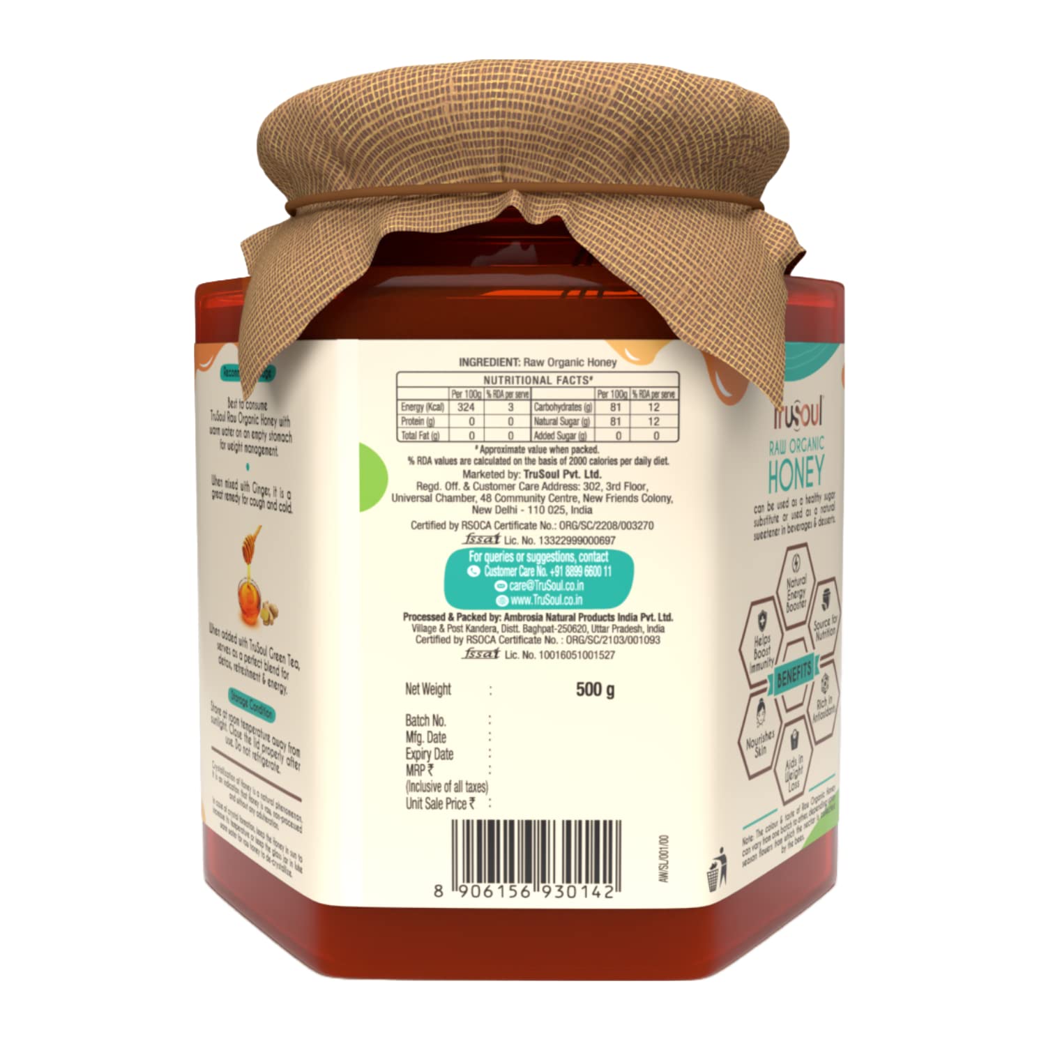 TRUSOUL Raw Organic Honey, 500g, NPOP Organic Certified Himalayan Honey - front view