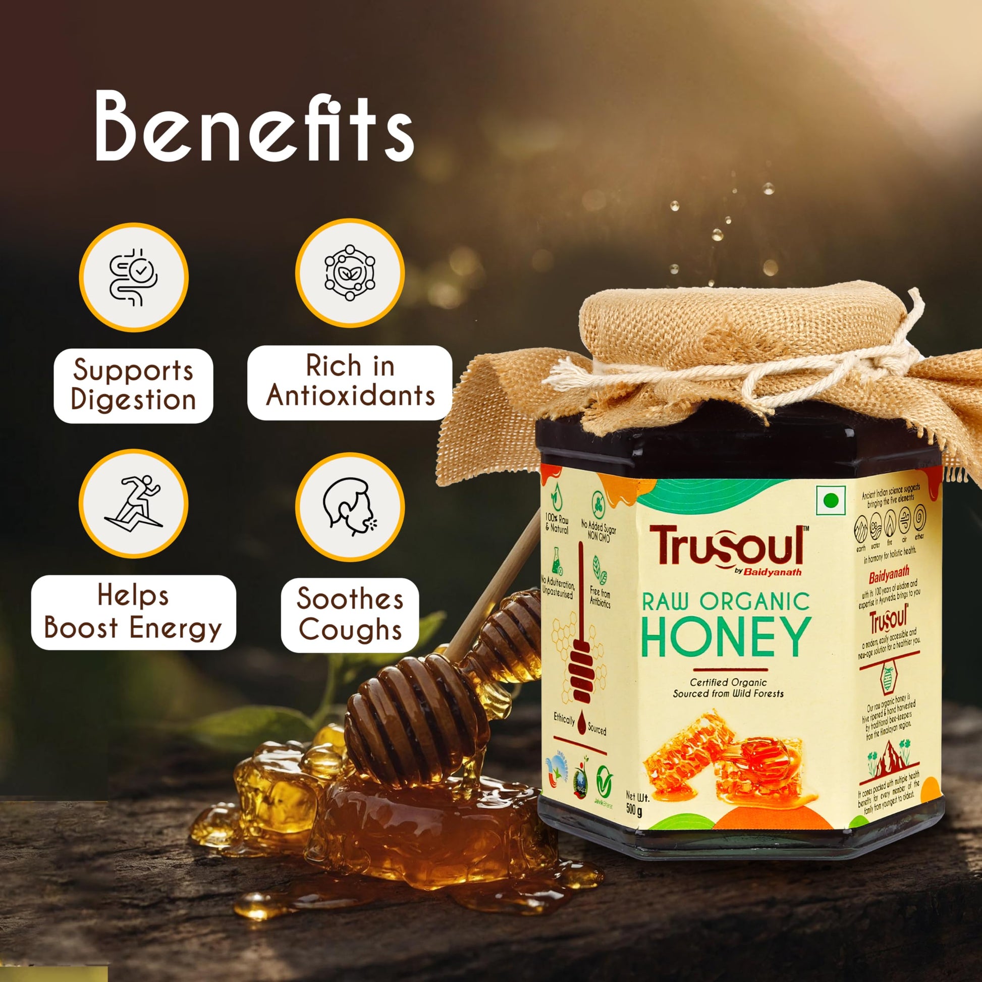 TRUSOUL Raw Organic Honey, 500g, NPOP Organic Certified Himalayan Honey - packaging