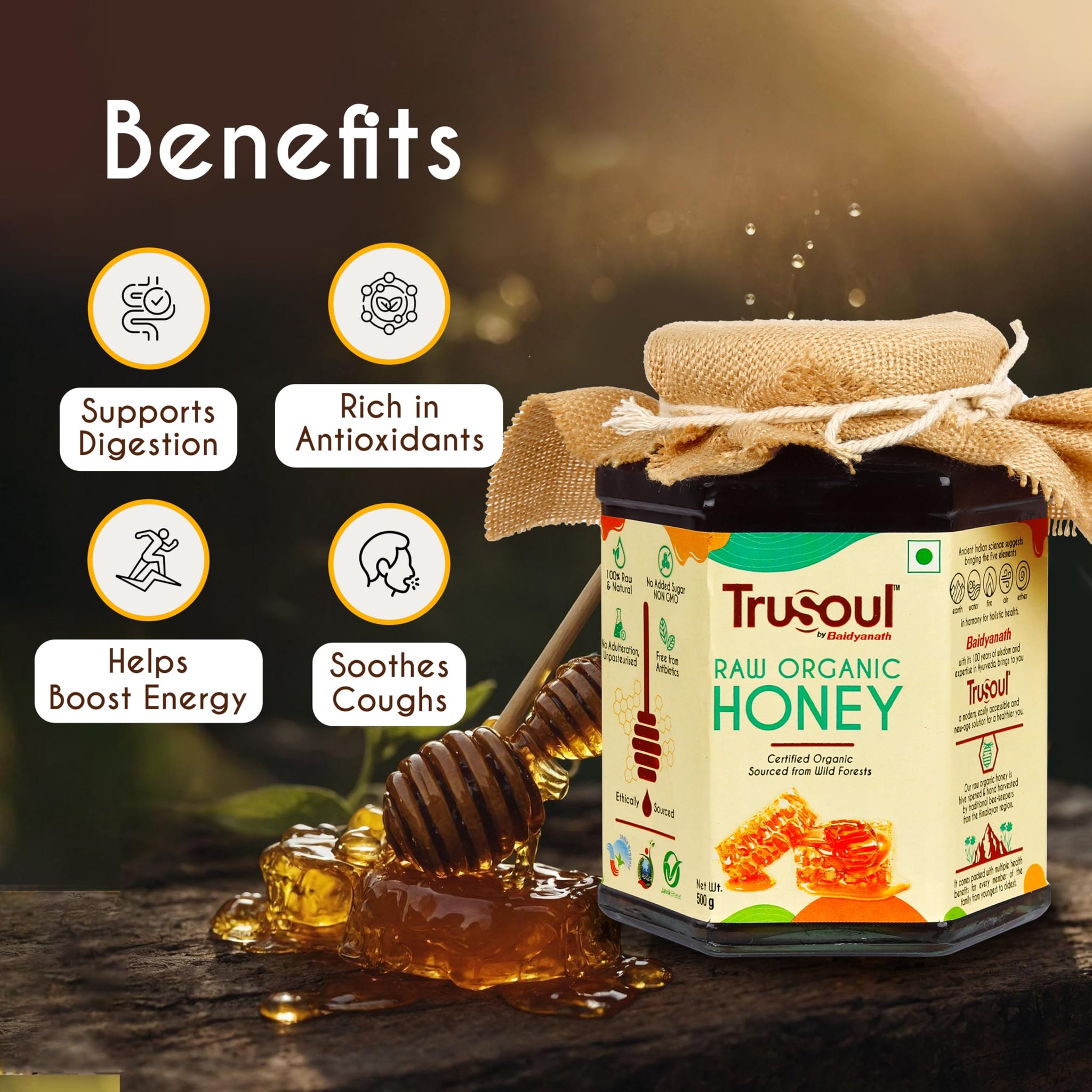 TRUSOUL Raw Organic Honey, 500g, NPOP Organic Certified Himalayan Honey - packaging