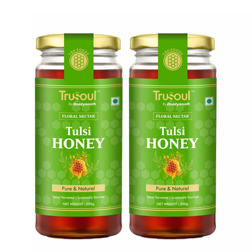 TRUSOUL Tulsi Honey, Forest-Sourced Raw & Unprocessed Honey, Lab Tested, Glass Jar