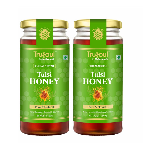 TRUSOUL Tulsi Honey, Forest-Sourced Raw & Unprocessed Honey, Lab Tested, Glass Jar