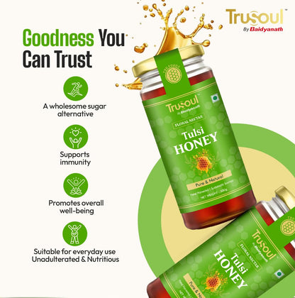 TRUSOUL Tulsi Honey, Forest-Sourced Raw & Unprocessed Honey, Lab Tested, Glass Jar - packaging (10)