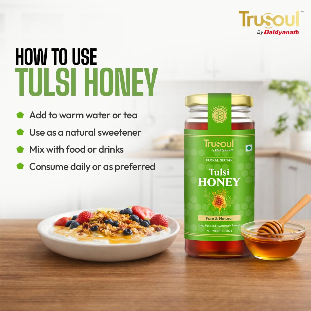TRUSOUL Tulsi Honey, Forest-Sourced Raw & Unprocessed Honey, Lab Tested, Glass Jar - label detail (11)