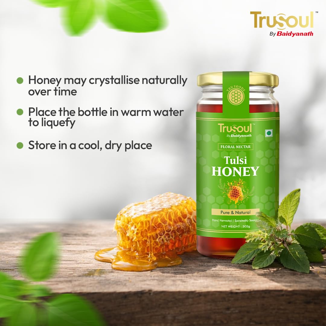 TRUSOUL Tulsi Honey, Forest-Sourced Raw & Unprocessed Honey, Lab Tested, Glass Jar - ingredients panel (12)