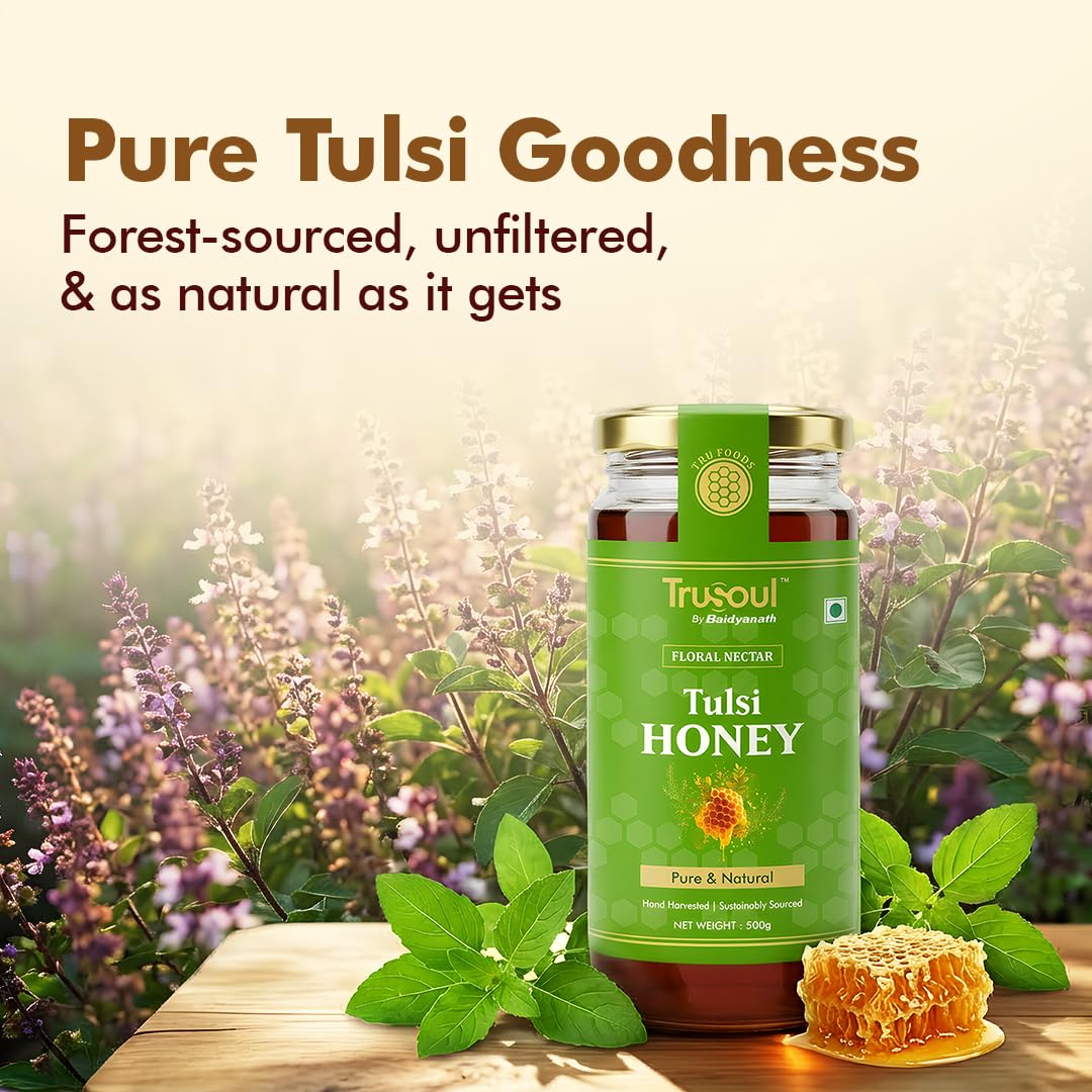 TRUSOUL Tulsi Honey, Forest-Sourced Raw & Unprocessed Honey, Lab Tested, Glass Jar - back view