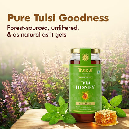 TRUSOUL Tulsi Honey, Forest-Sourced Raw & Unprocessed Honey, Lab Tested, Glass Jar - back view