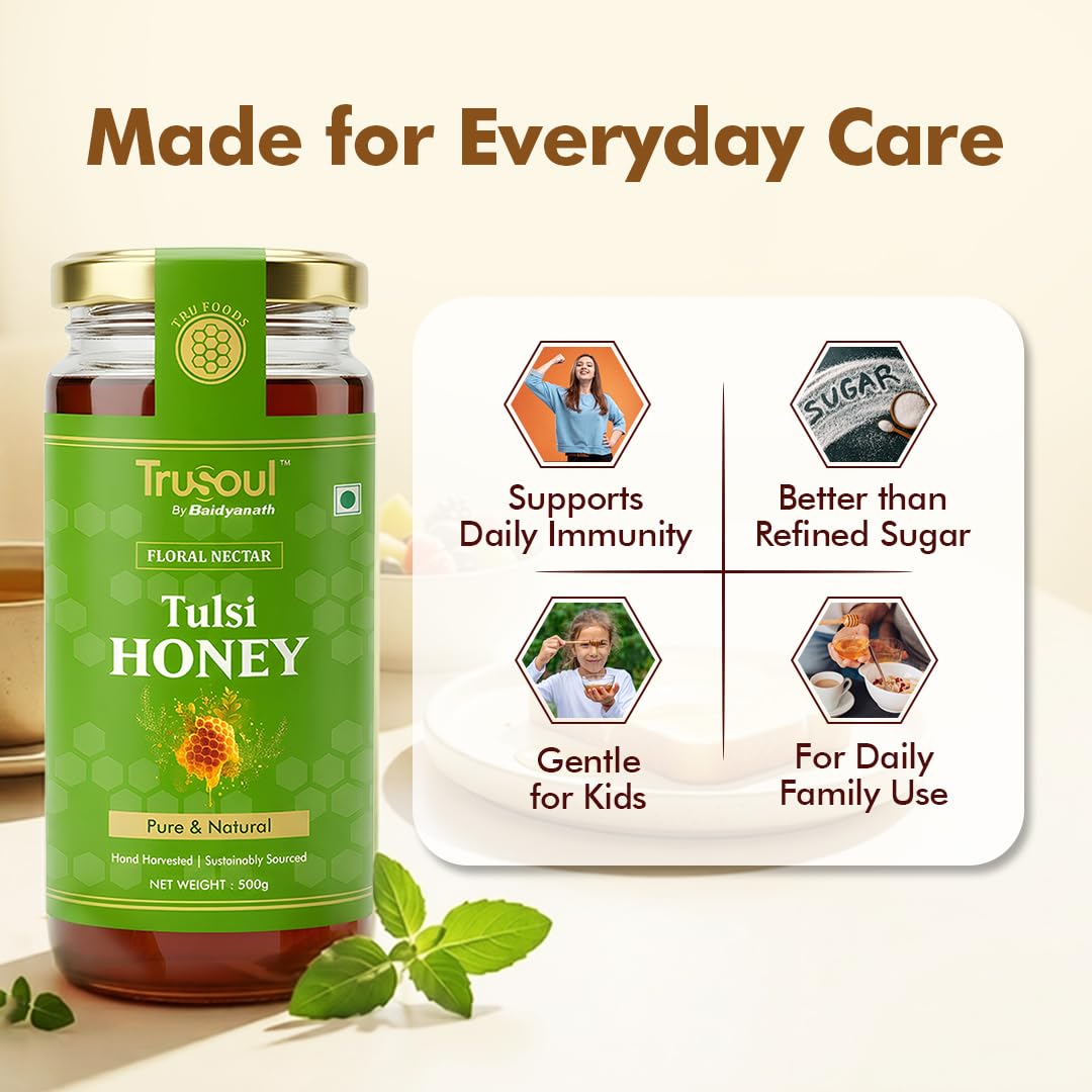 TRUSOUL Tulsi Honey, Forest-Sourced Raw & Unprocessed Honey, Lab Tested, Glass Jar - packaging