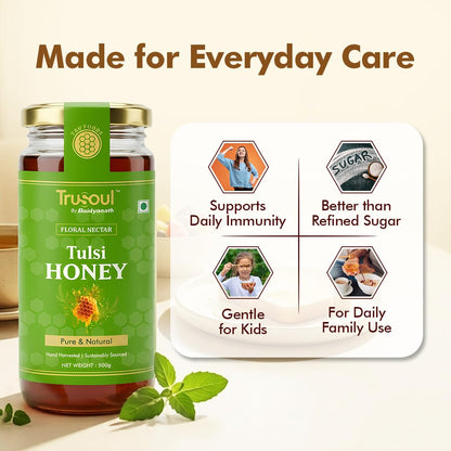 TRUSOUL Tulsi Honey, Forest-Sourced Raw & Unprocessed Honey, Lab Tested, Glass Jar - packaging