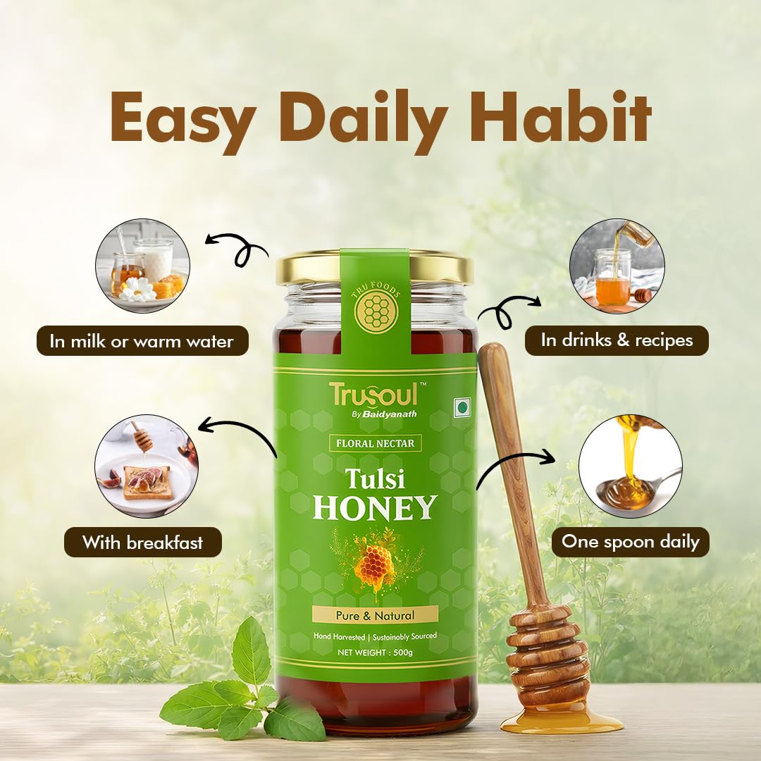 TRUSOUL Tulsi Honey, Forest-Sourced Raw & Unprocessed Honey, Lab Tested, Glass Jar - ingredients panel