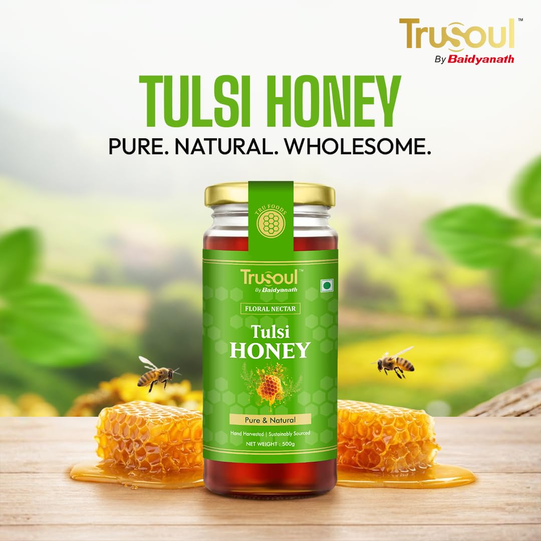 TRUSOUL Tulsi Honey, Forest-Sourced Raw & Unprocessed Honey, Lab Tested, Glass Jar - front view (8)