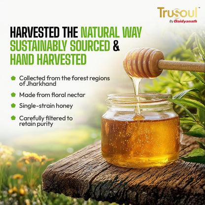TRUSOUL Tulsi Honey, Forest-Sourced Raw & Unprocessed Honey, Lab Tested, Glass Jar - back view (9)