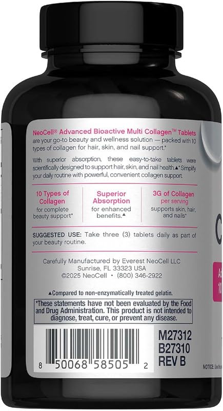 tyeyl Multi Collagen Peptide Tablets, 120 Count, 10 Type Collagen Blend, Gluten Free - back view