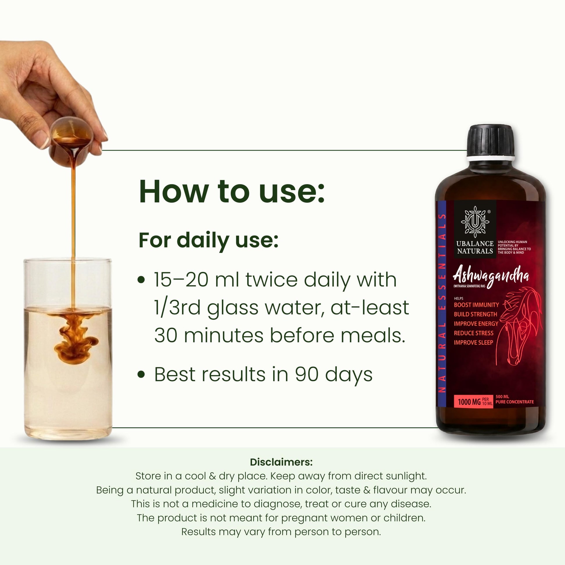 Ubalance Naturals Ashwagandha Ayurvedic Herbal Liquid Supplement, 1000mg per 10ml Serving - in use (12)