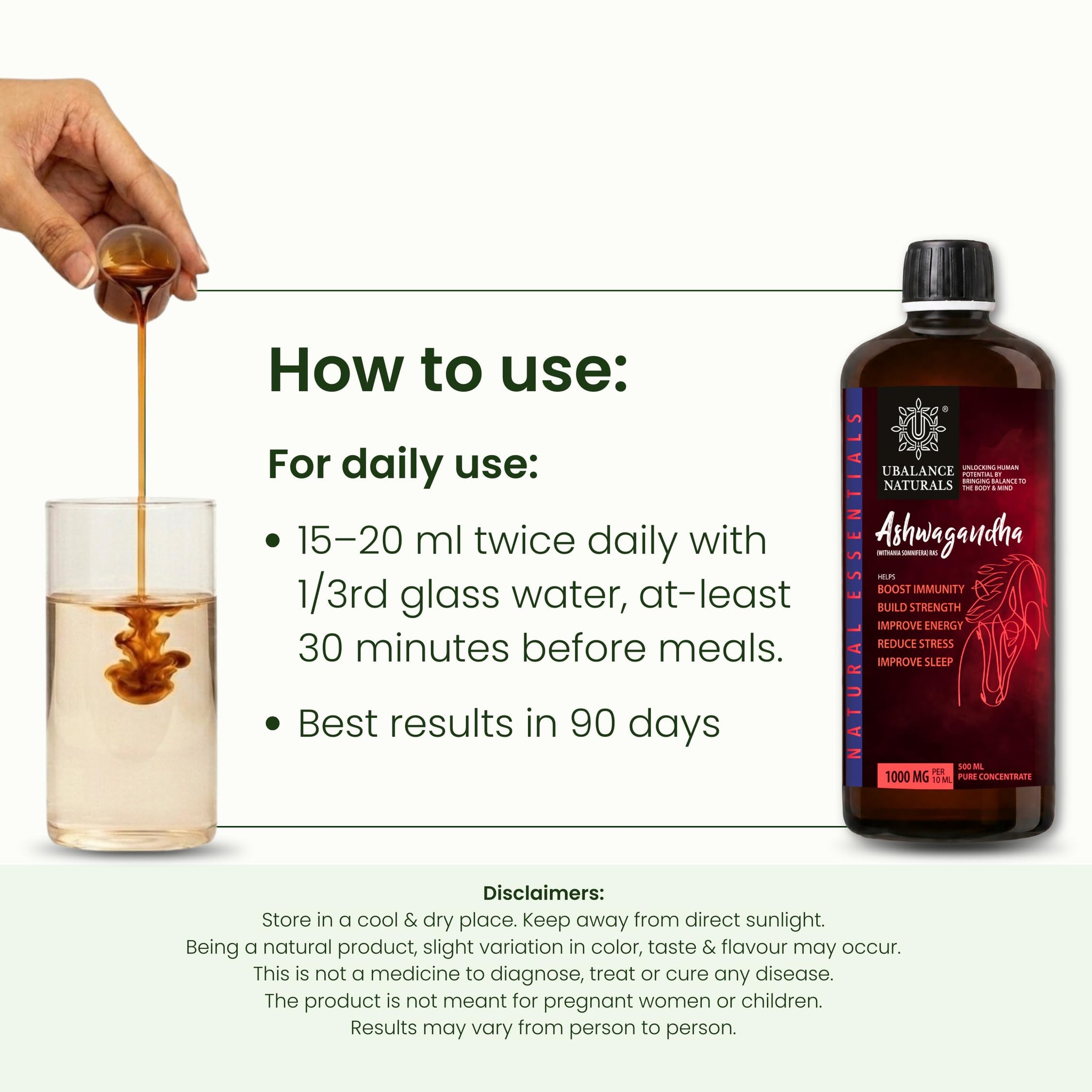 Ubalance Naturals Ashwagandha Ayurvedic Herbal Liquid Supplement, 1000mg per 10ml Serving - in use (12)