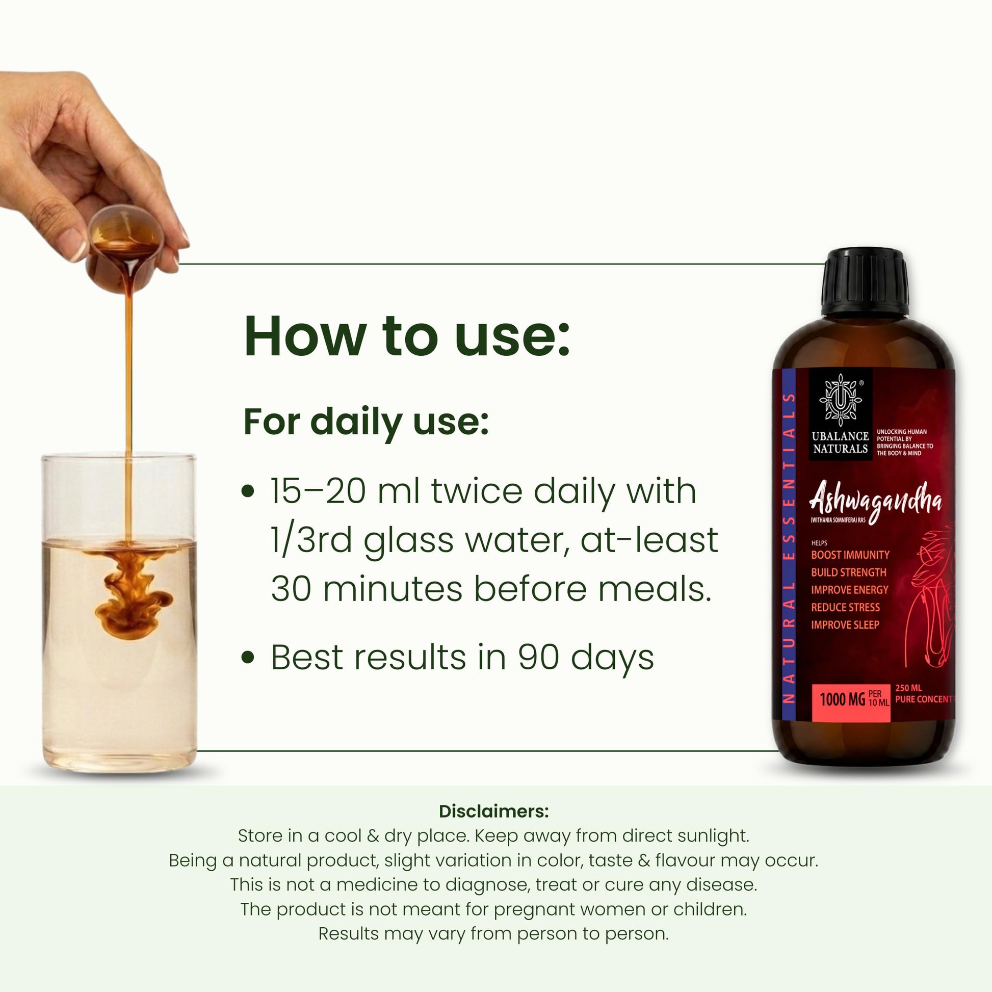 Ubalance Naturals Ashwagandha Ayurvedic Herbal Liquid Supplement, 1000mg per 10ml Serving - in use