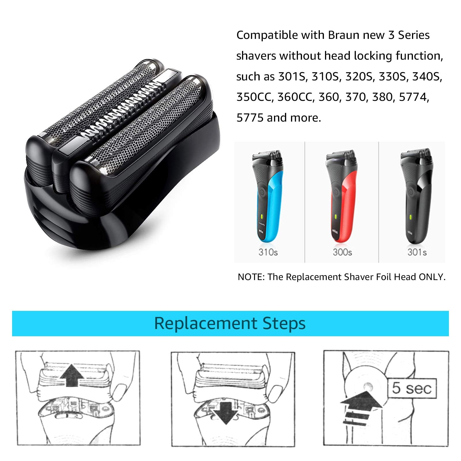 Ubervia Replacement Shaver Foil Head Cutter Compatible with Braun 21B 3 Series 300S 310S Electric Shaver - back view