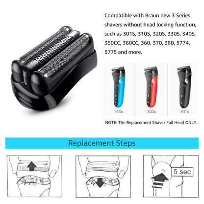 Ubervia Replacement Shaver Foil Head Cutter Compatible with Braun 21B 3 Series 300S 310S Electric Shaver - back view