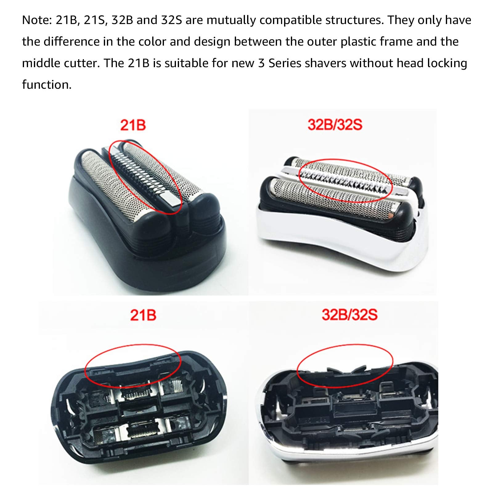 Ubervia Replacement Shaver Foil Head Cutter Compatible with Braun 21B 3 Series 300S 310S Electric Shaver - close-up detail