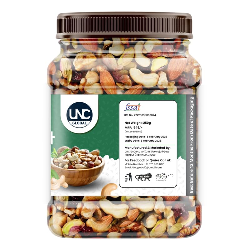 UNC GLOBAL Mixed Dry Fruits and Nuts, Jar Pack, Mixed Nuts Snack - back view