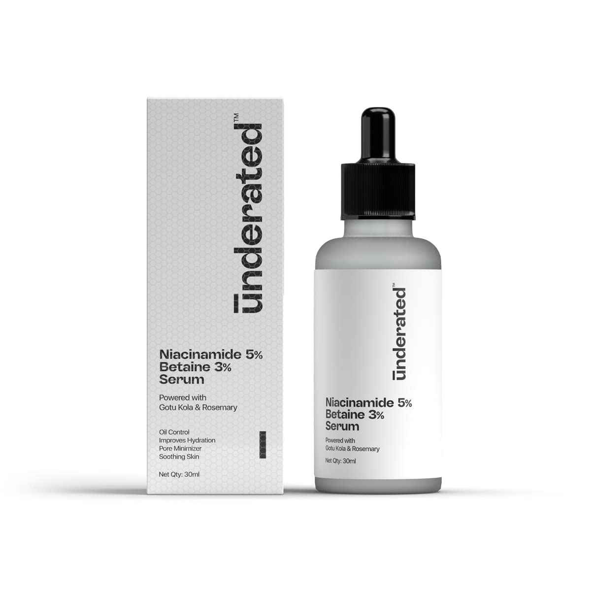 UNDERATED 5% Niacinamide & 3% Betaine Serum with Gotu Kola and Rosemary, 30 g, Facial Serum