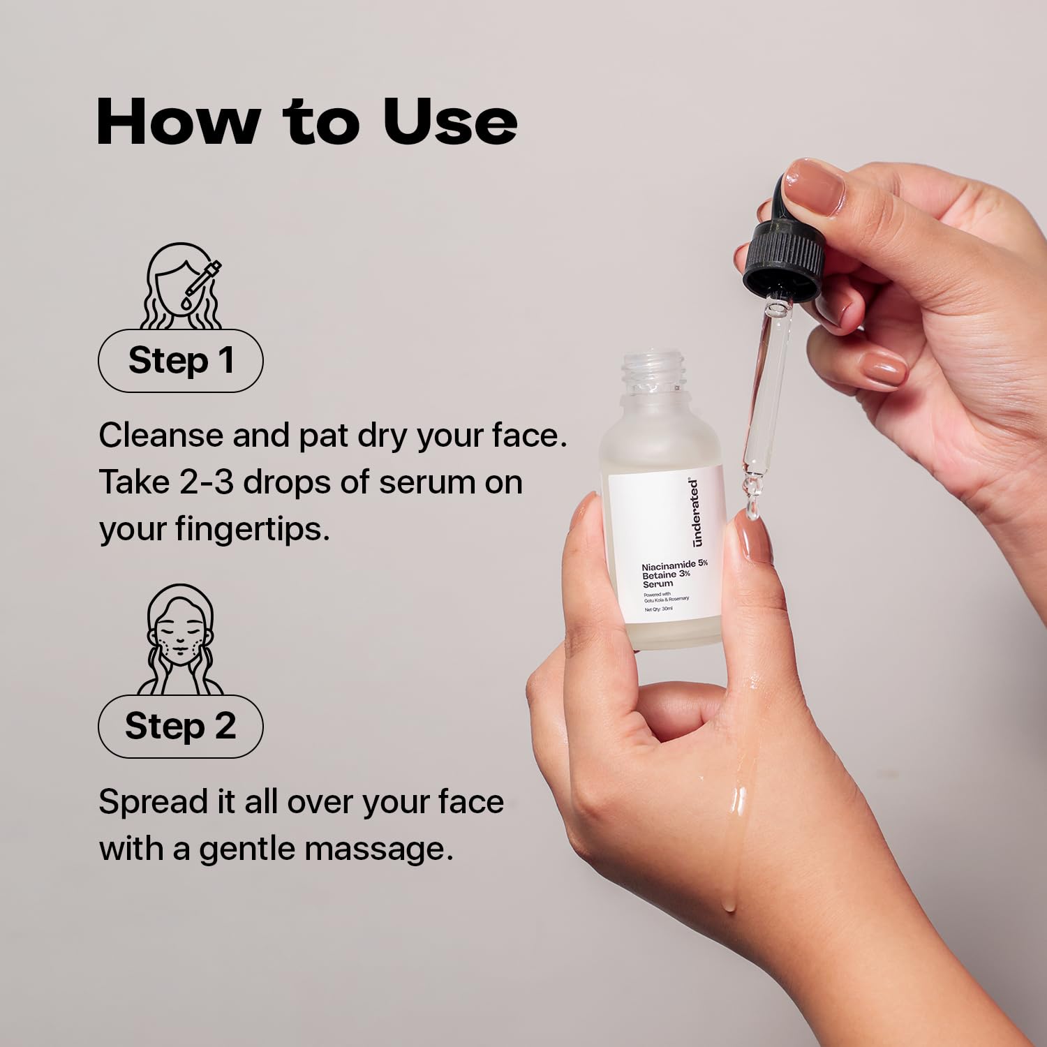 UNDERATED 5% Niacinamide & 3% Betaine Serum with Gotu Kola and Rosemary, 30 g, Facial Serum - label detail