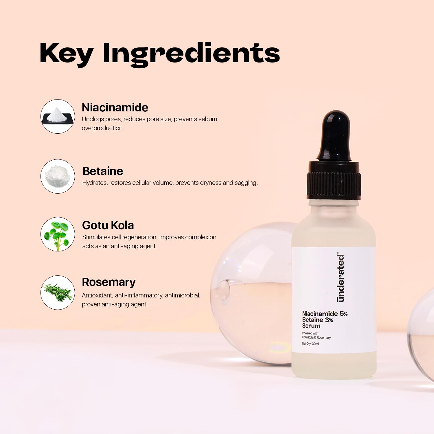 UNDERATED 5% Niacinamide & 3% Betaine Serum with Gotu Kola and Rosemary, 30 g, Facial Serum - close-up detail