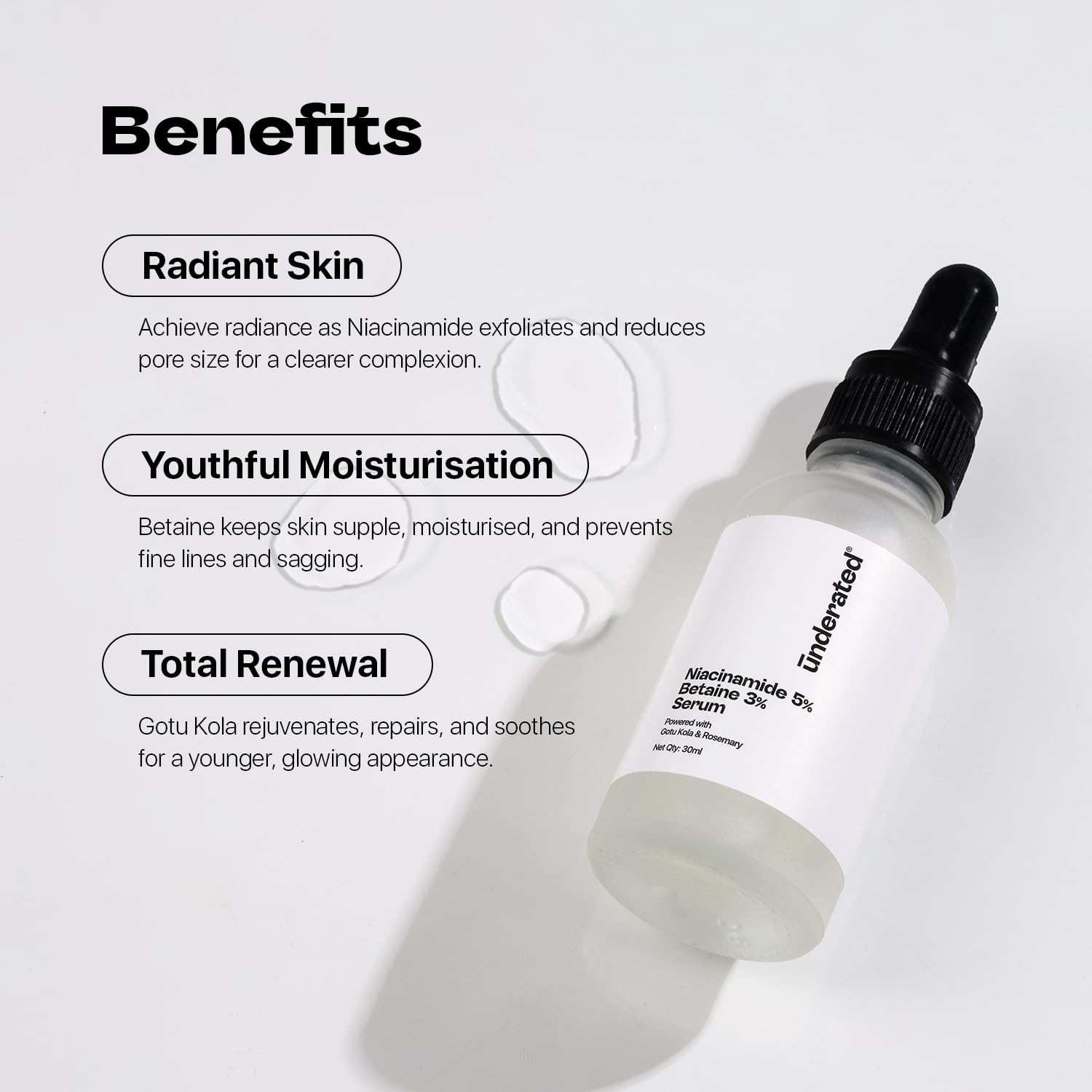 UNDERATED 5% Niacinamide & 3% Betaine Serum with Gotu Kola and Rosemary, 30 g, Facial Serum - in use