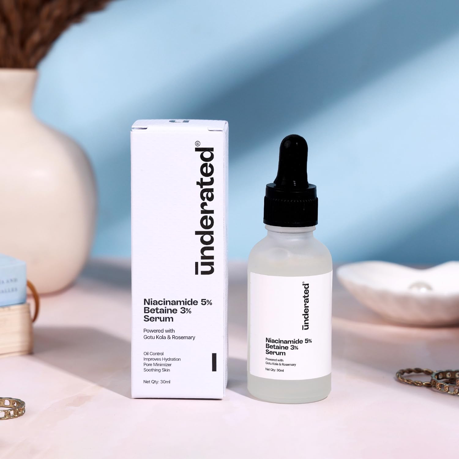 UNDERATED 5% Niacinamide & 3% Betaine Serum with Gotu Kola and Rosemary, 30 g, Facial Serum - size and scale