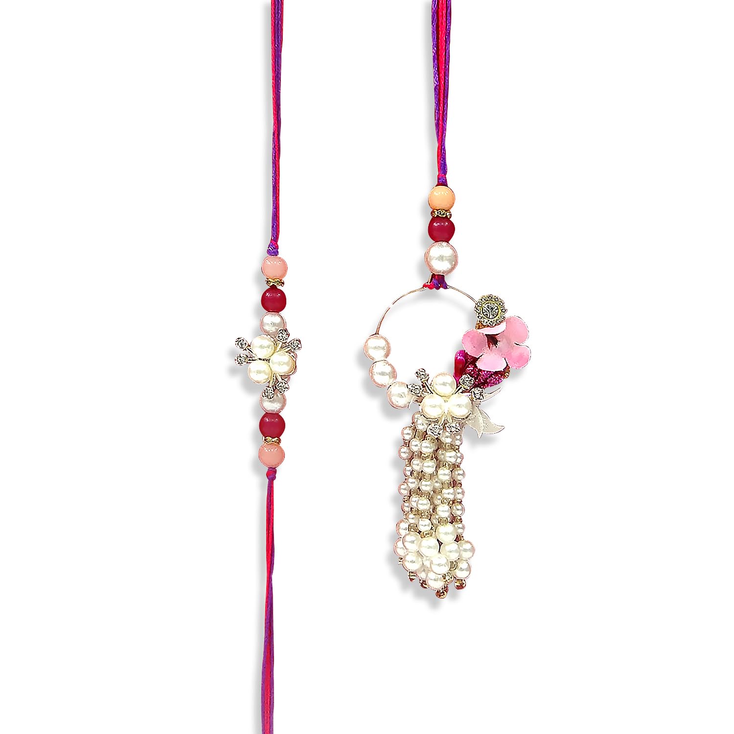 UPHARKARO Elegant Pearl Floral Bhaiya Bhabhi Lumba Rakhi Set with Tassel & Pink Crystal Design
