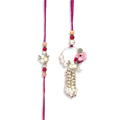 UPHARKARO Elegant Pearl Floral Bhaiya Bhabhi Lumba Rakhi Set with Tassel & Pink Crystal Design