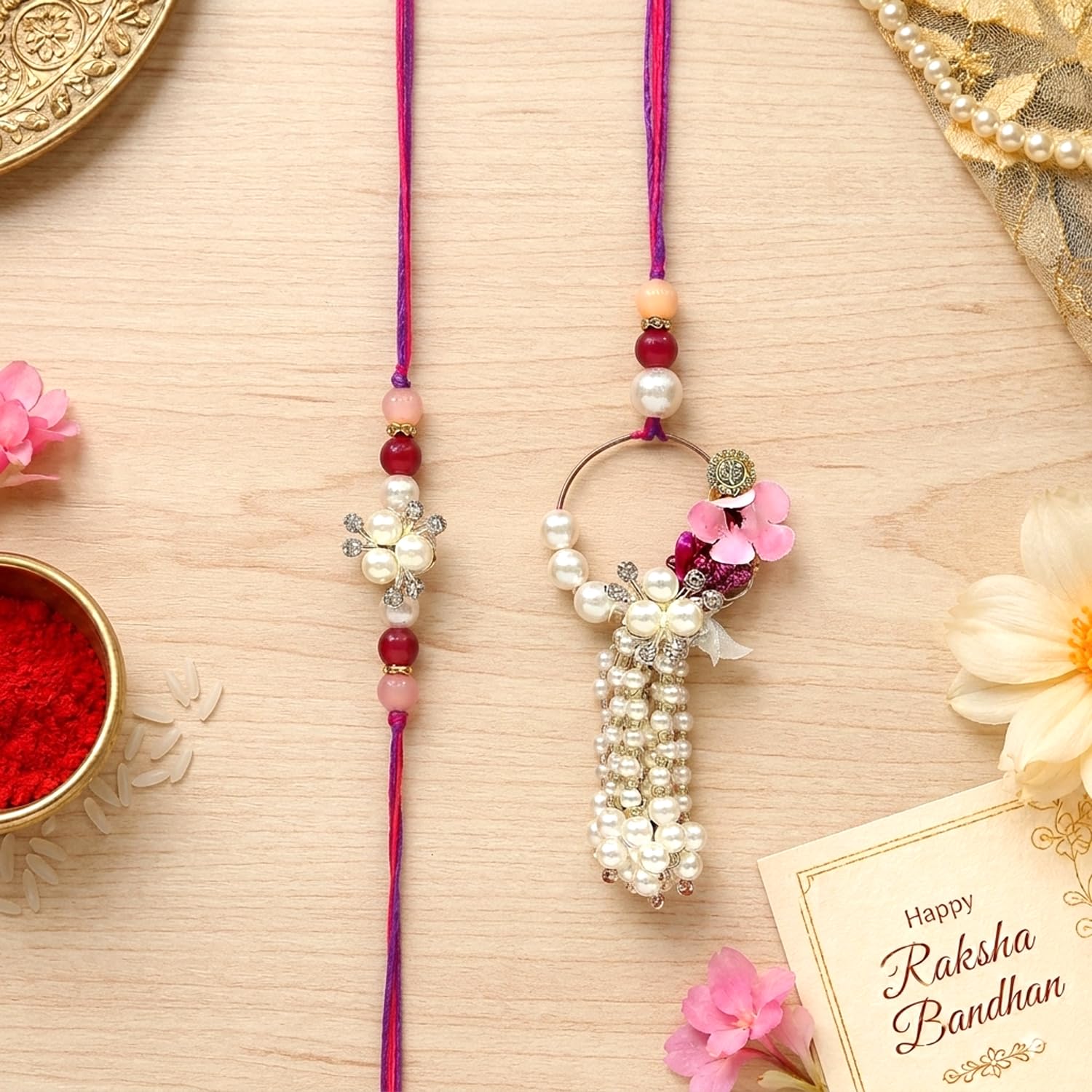 UPHARKARO Elegant Pearl Floral Bhaiya Bhabhi Lumba Rakhi Set with Tassel & Pink Crystal Design - front view