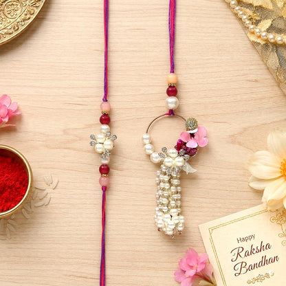 UPHARKARO Elegant Pearl Floral Bhaiya Bhabhi Lumba Rakhi Set with Tassel & Pink Crystal Design - front view