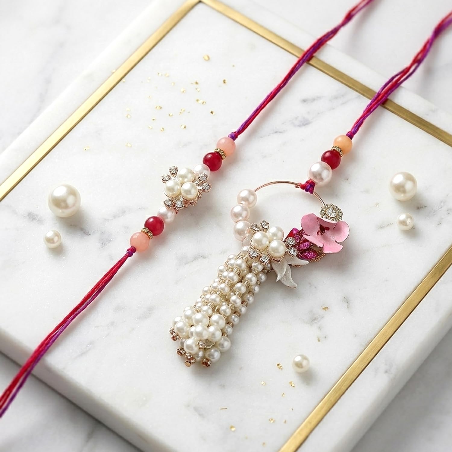 UPHARKARO Elegant Pearl Floral Bhaiya Bhabhi Lumba Rakhi Set with Tassel & Pink Crystal Design - back view
