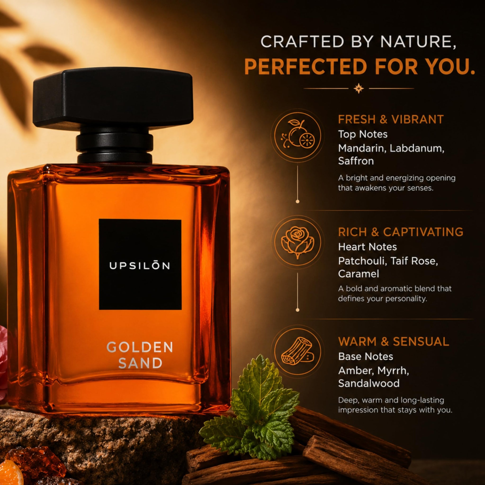 UPSILON Golden Sand Men Eau de Parfum, 100ml, 20% Concentration, Glass Bottle - front view