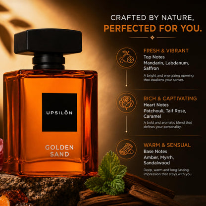 UPSILON Golden Sand Men Eau de Parfum, 100ml, 20% Concentration, Glass Bottle - front view