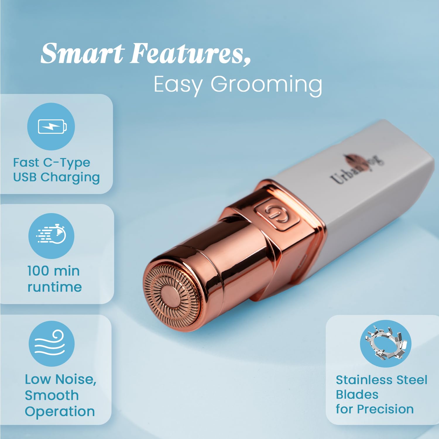 Urban Yog Women's Electric Body Trimmer with Stainless Steel Blades, Rechargeable Type-C, 90 Min Runtime - label detail (12)