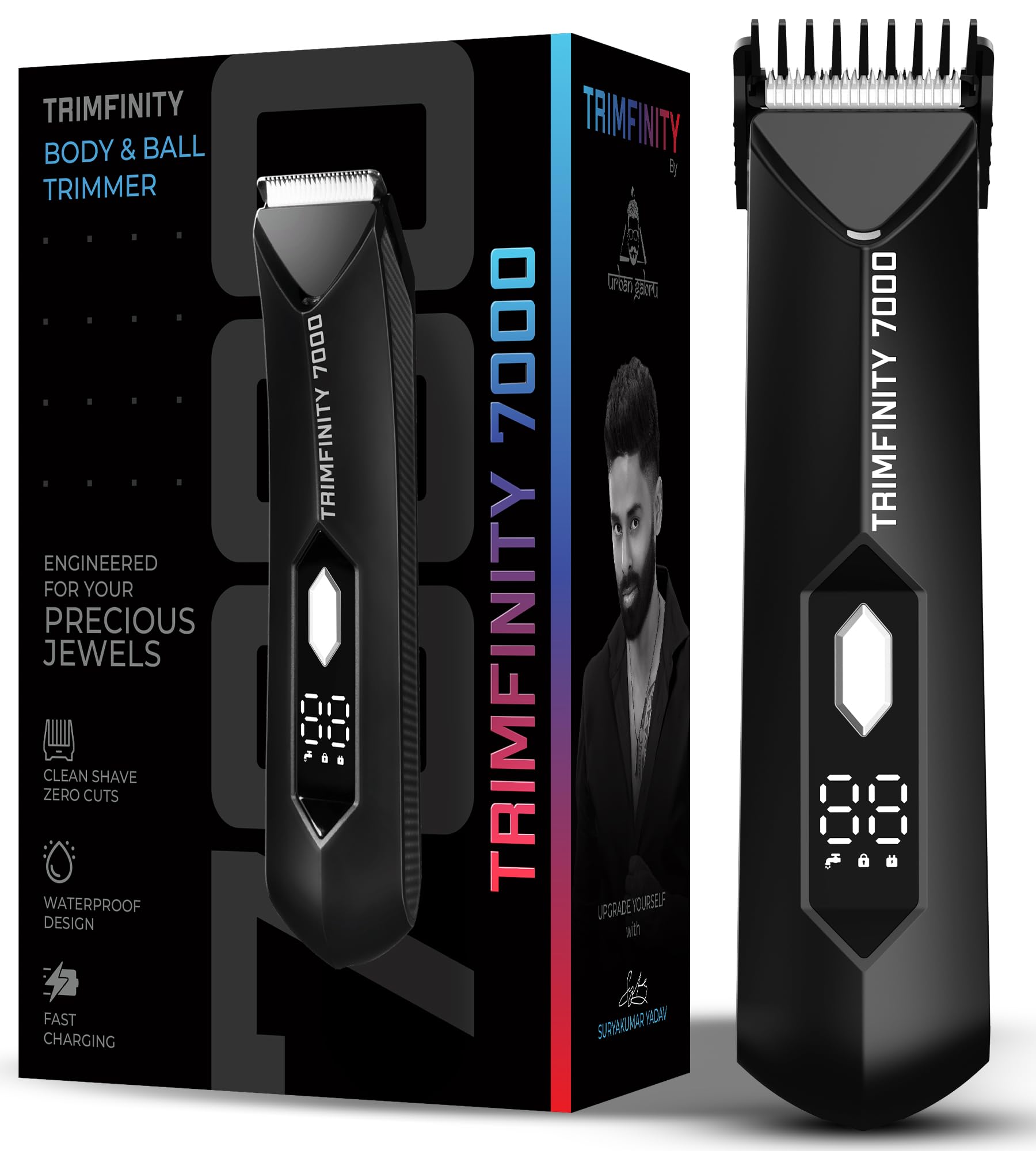 UrbanGabru Body Trimmer, IPX6 Waterproof, Dual-Mode Motor, Stainless Steel Ceramic Blade, LED Light, 90-Minute Battery, 4 Com