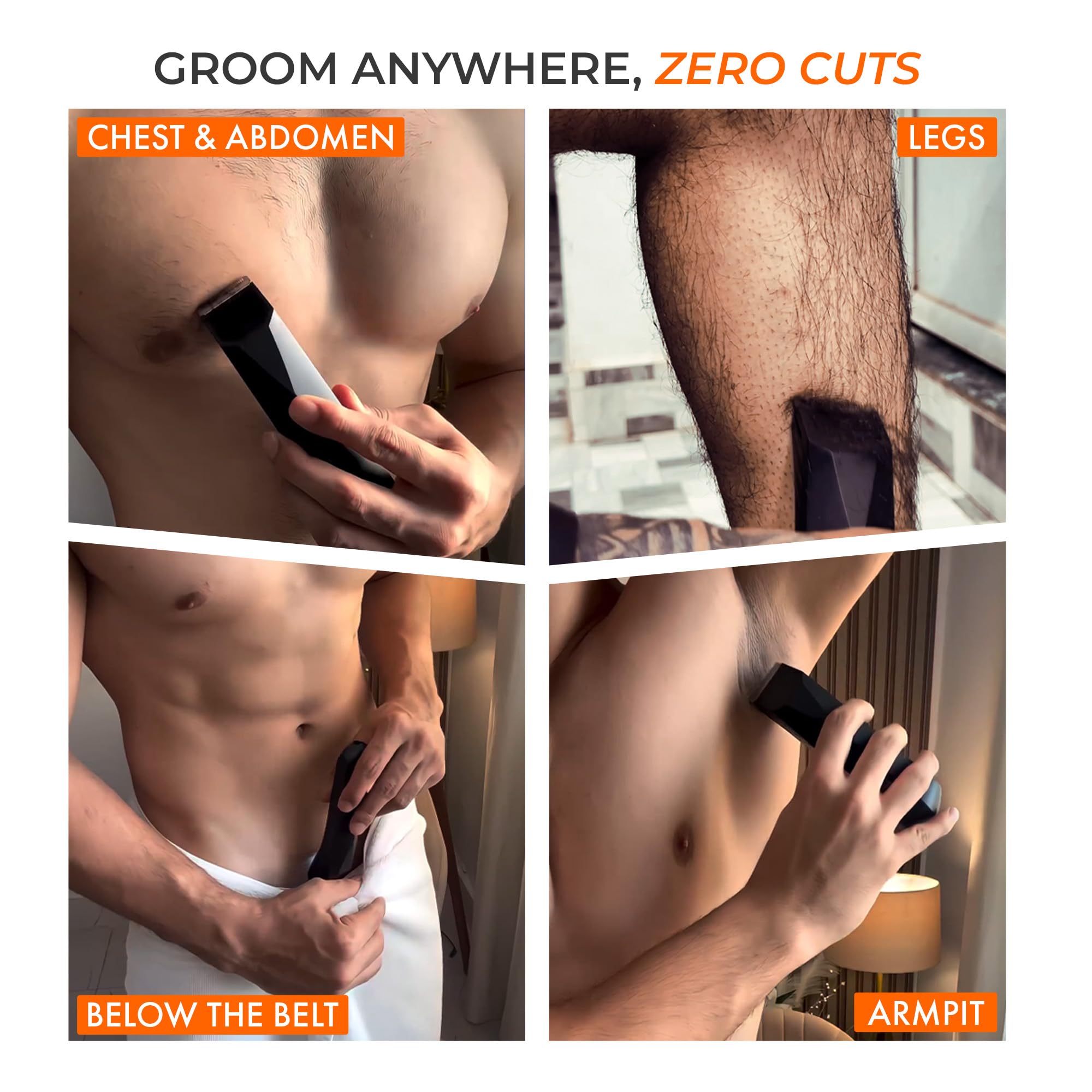UrbanGabru Body Trimmer, IPX6 Waterproof, Dual-Mode Motor, Stainless Steel Ceramic Blade, LED Light, 90-Minute Battery, 4 Com