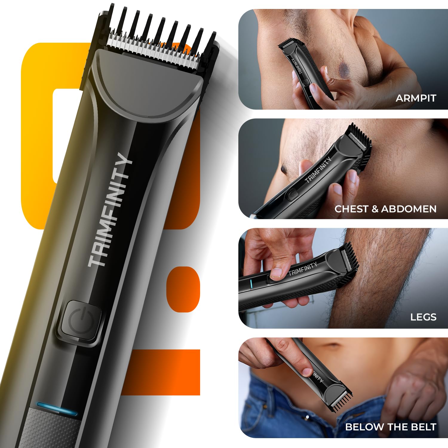 UrbanGabru Body Trimmer, IPX6 Waterproof, Dual-Mode Motor, Stainless Steel Ceramic Blade, LED Light, 90-Minute Battery, 4 Com