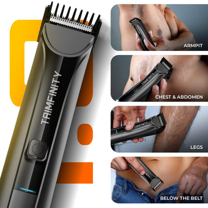 UrbanGabru Body Trimmer, IPX6 Waterproof, Dual-Mode Motor, Stainless Steel Ceramic Blade, LED Light, 90-Minute Battery, 4 Com