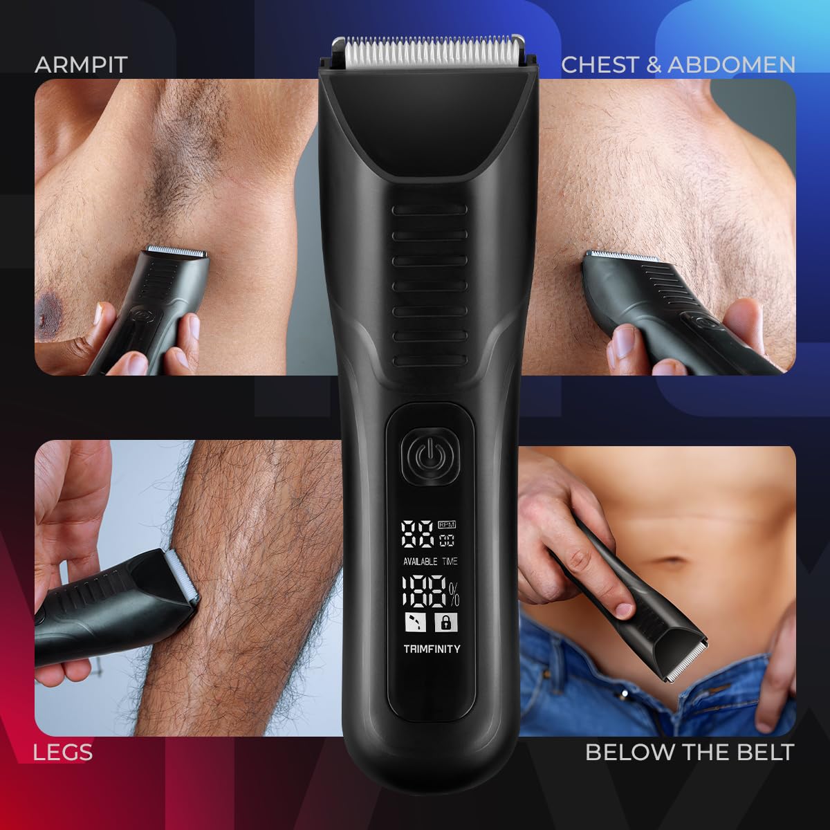 UrbanGabru Body Trimmer, IPX6 Waterproof, Dual-Mode Motor, Stainless Steel Ceramic Blade, LED Light, 90-Minute Battery, 4 Com