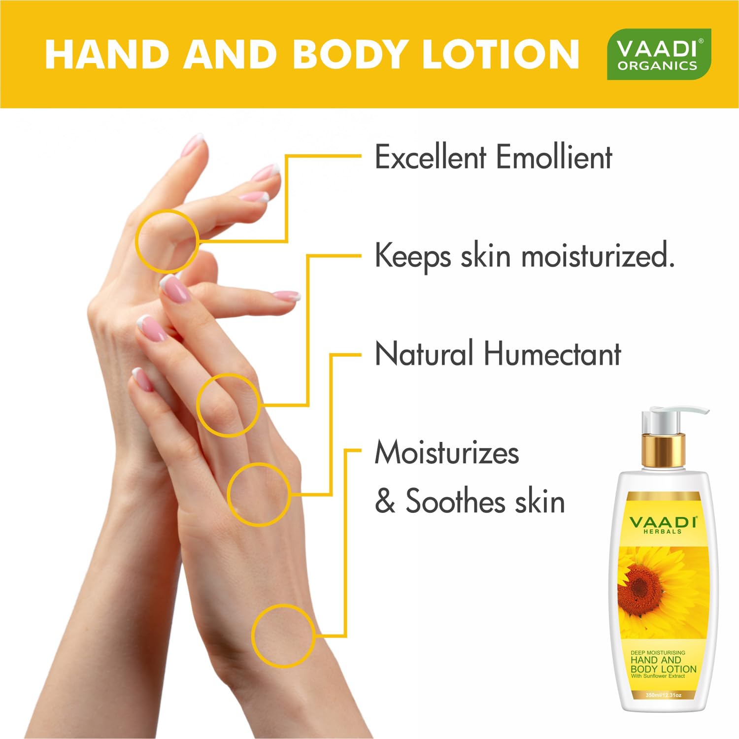 VAADI HERBALS Hand and Body Lotion with Sunflower Extract, 350g, Unisex Daily Skin Moisturizer - front view
