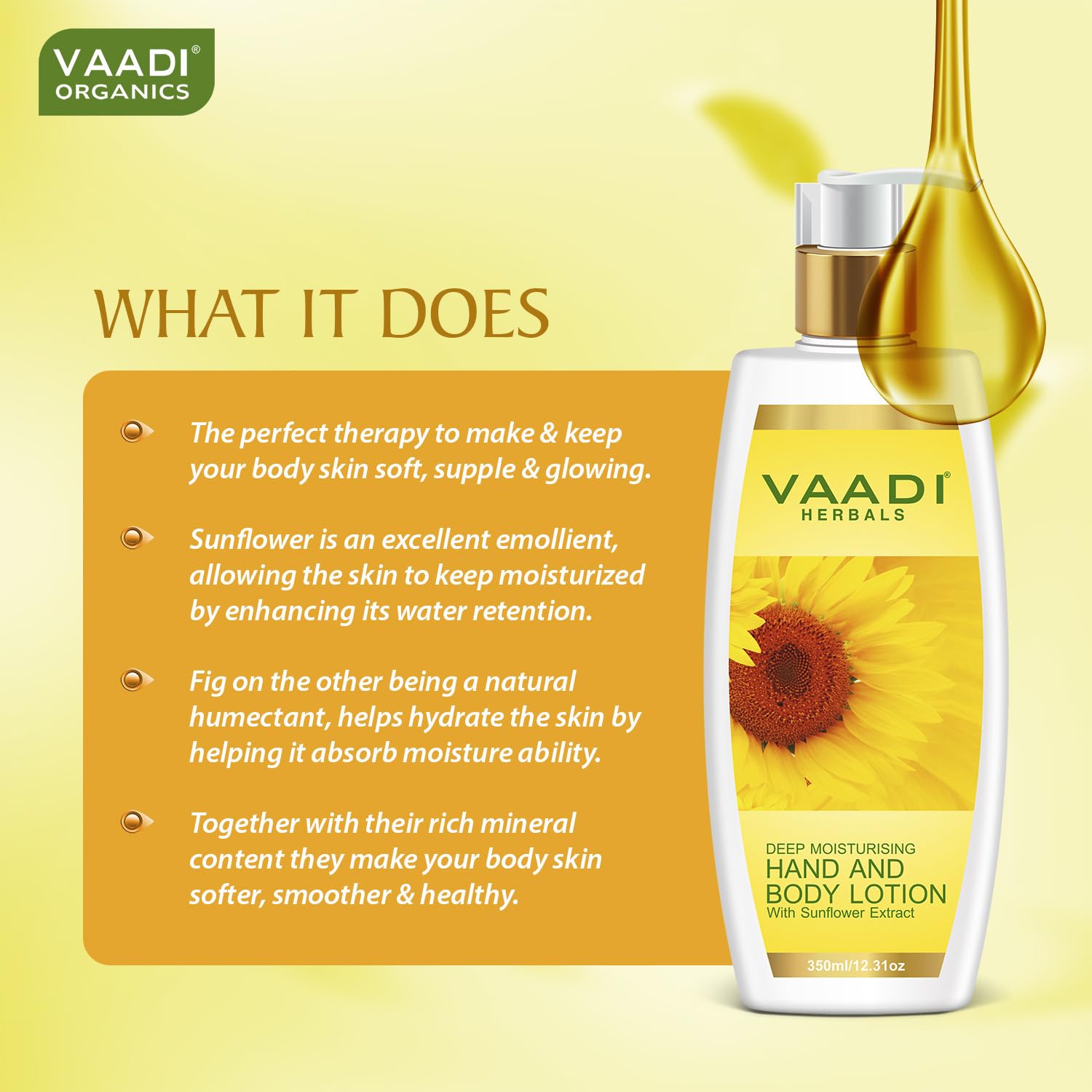 VAADI HERBALS Hand and Body Lotion with Sunflower Extract, 350g, Unisex Daily Skin Moisturizer - packaging