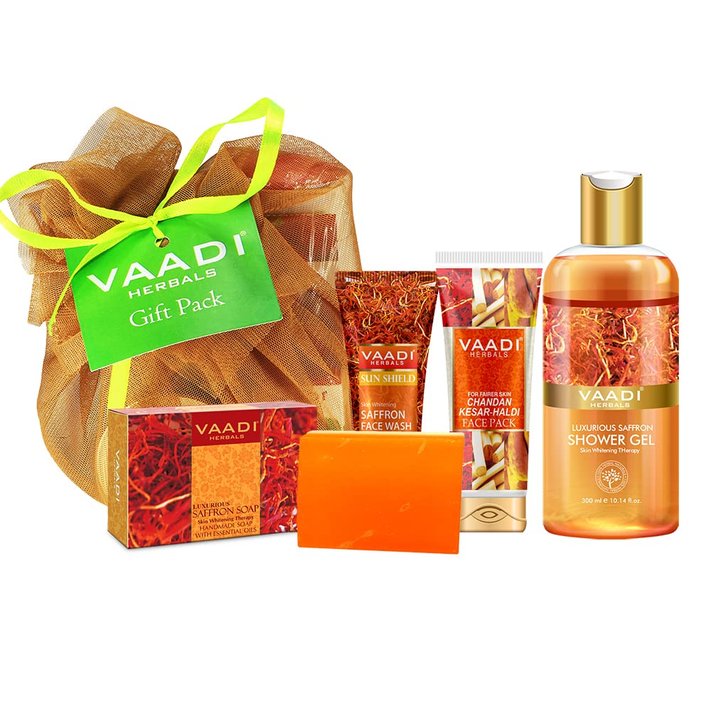 VAADI HERBALS Saffron Facial Kit, 4 Count, Herbal Skincare Set with Goat Milk and Papaya