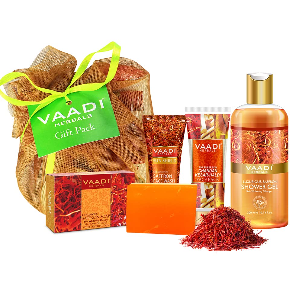 VAADI HERBALS Saffron Facial Kit, 4 Count, Herbal Skincare Set with Goat Milk and Papaya - front view