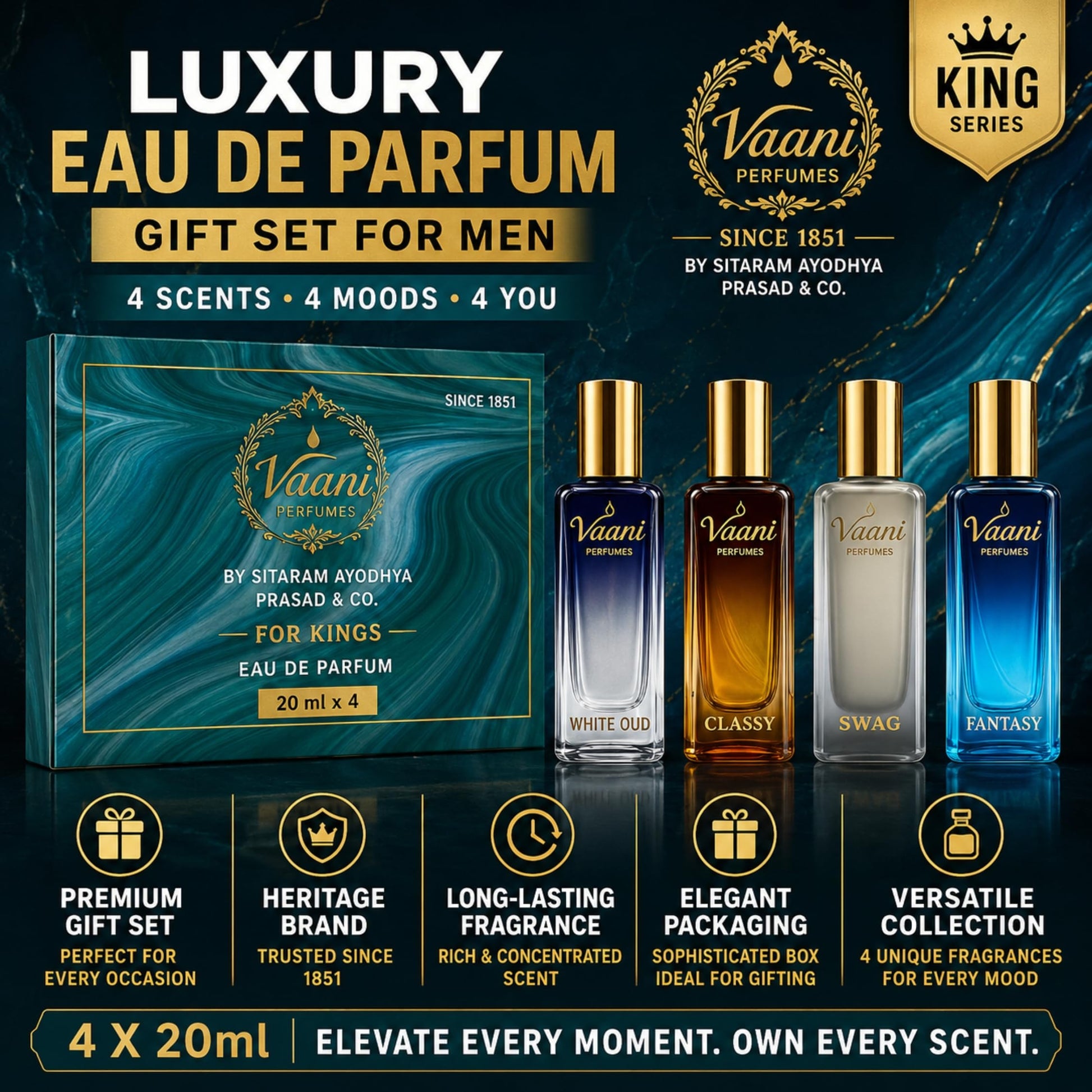 VAANII PERFUMES Eau De Parfum Gift Set for Men, 4 x 20ml, Heritage Fragrance Collection - packaging