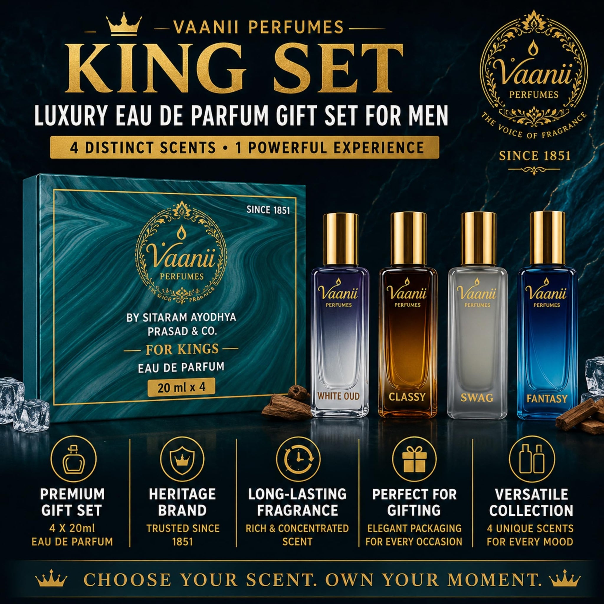 VAANII PERFUMES Eau De Parfum Gift Set for Men, 4 x 20ml, Heritage Fragrance Collection - label detail